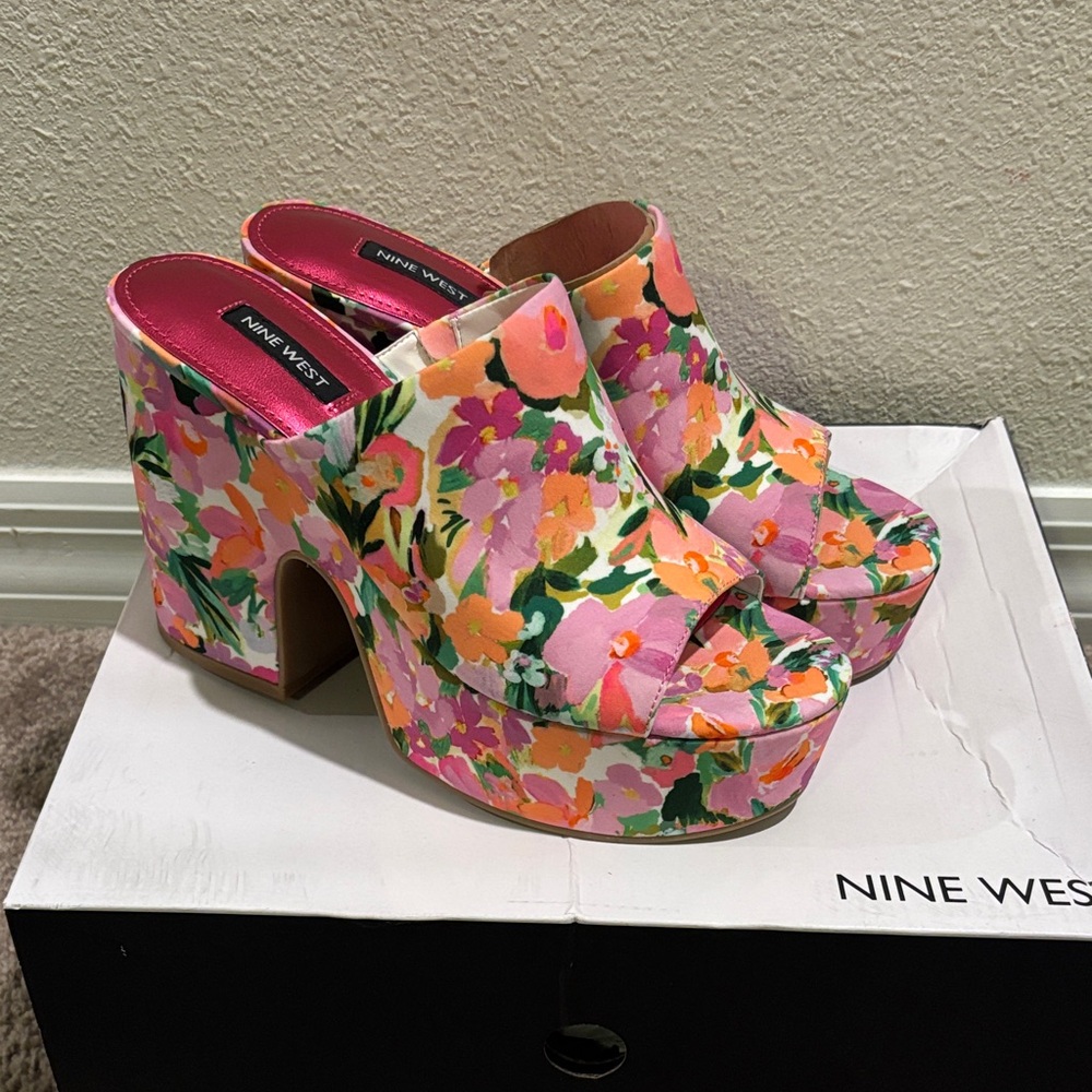 Nine West Floral Platform Mules - Pink and Orange